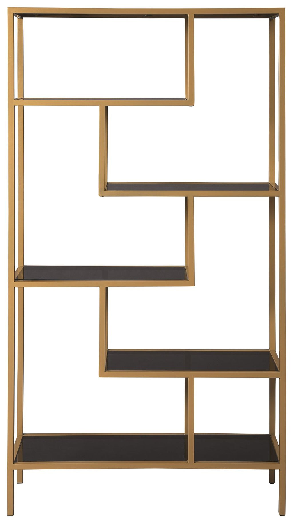 Gold bookcase with open grid shelves and dark brown shelf surfaces