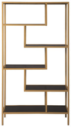 Gold bookcase with open grid shelves and dark brown shelf surfaces