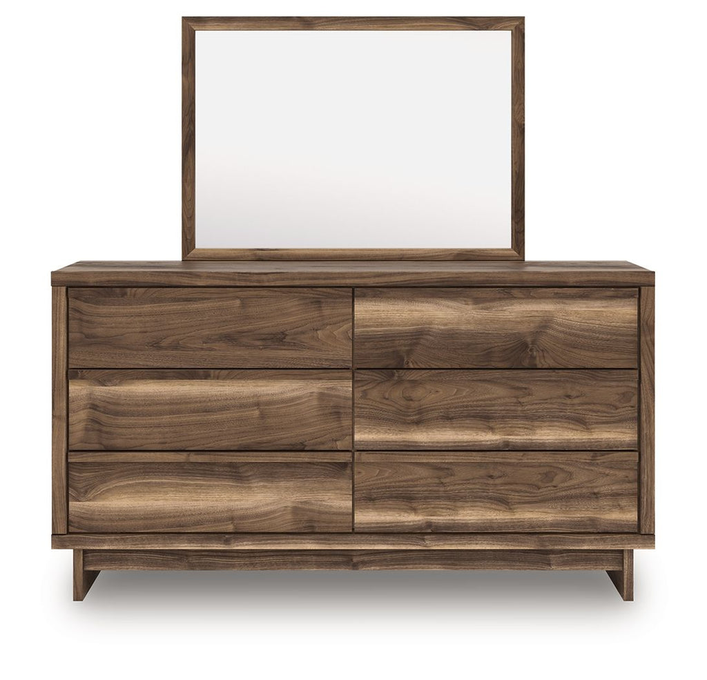 Six-drawer brown dresser with wall mirror; two-column drawers with wood-grain panels.