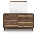 Six-drawer brown dresser with wall mirror; two-column drawers with wood-grain panels.