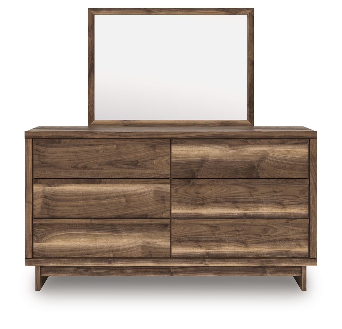 Six-drawer brown dresser with wall mirror; two-column drawers with wood-grain panels.
