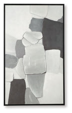 Framed abstract wall art with stacked gray and white blocks, black frame
