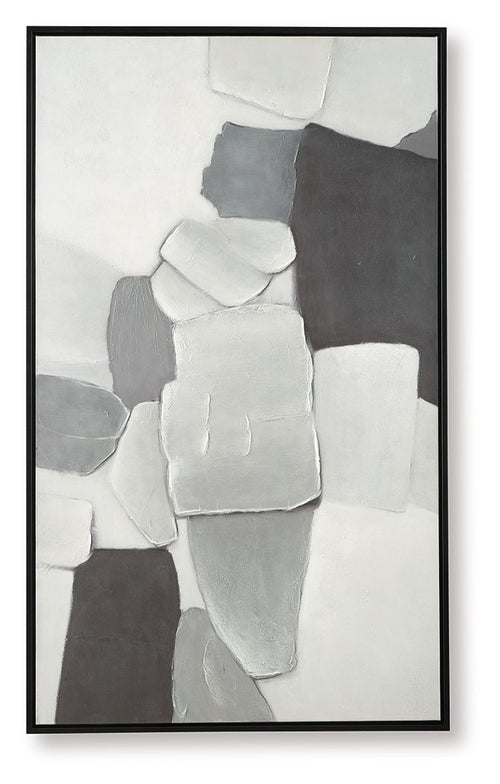 Framed abstract wall art with stacked gray and white blocks, black frame