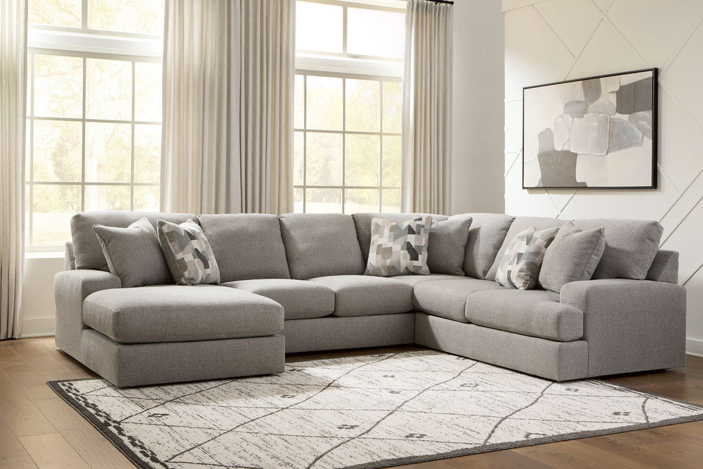 Lindon corner sectional sofa in smoke gray with deep cushions and patterned pillows