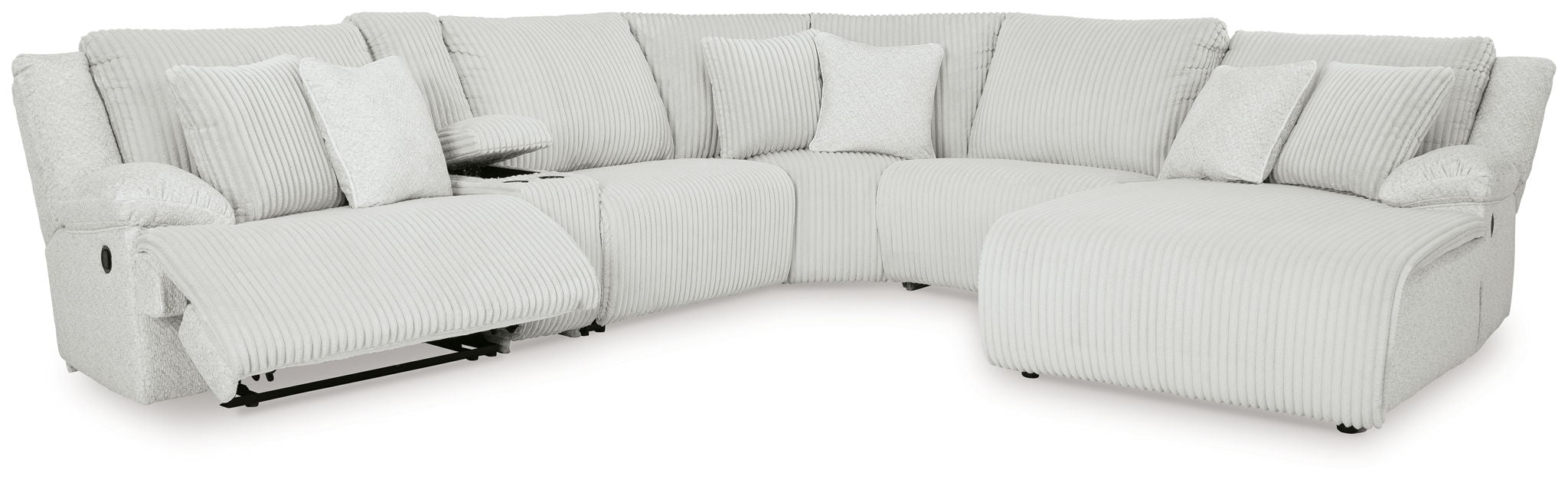 Light gray reclining sectional sofa with chaise and tall back pillows