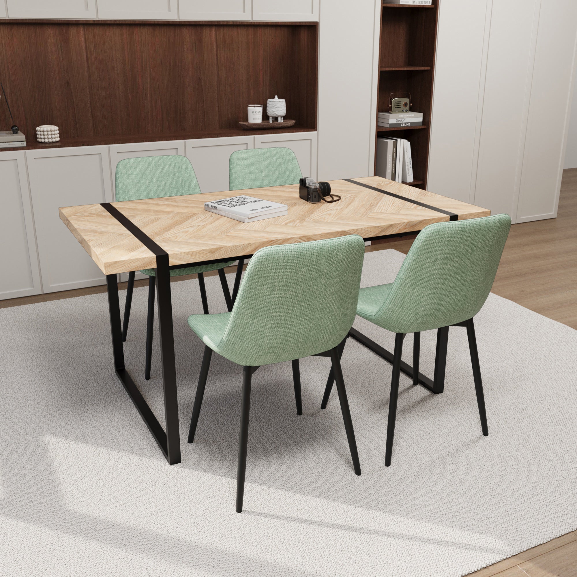 59" Modern Dining Table Set w/ 4 Suede Chairs