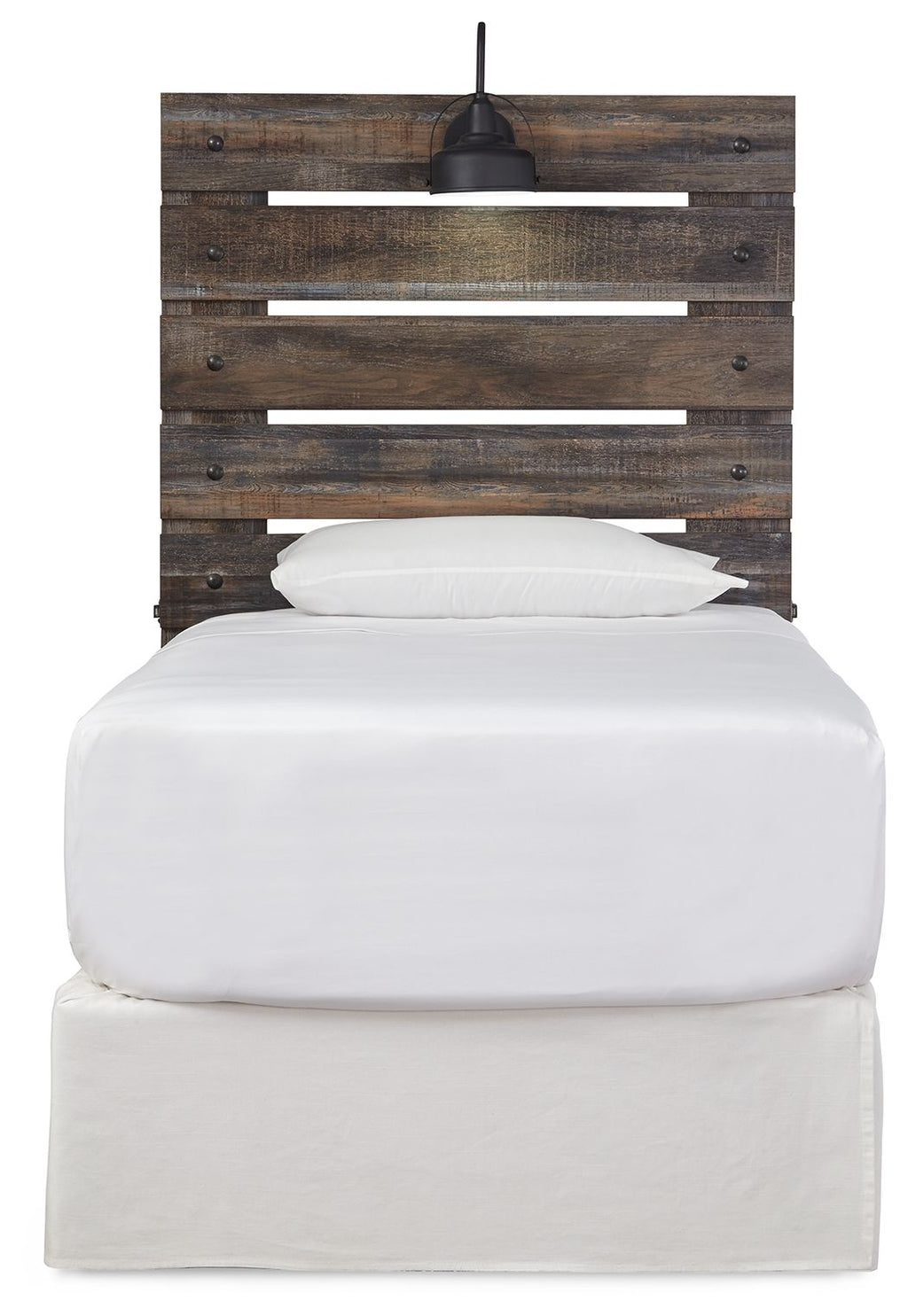 Dark brown panel headboard with horizontal slats and black light fixture