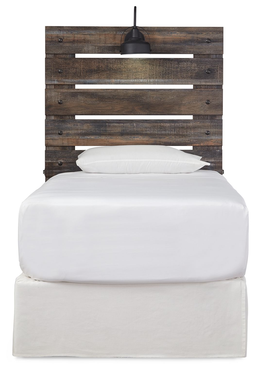 Dark brown panel headboard with horizontal slats and black light fixture