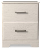 White two-drawer night stand front view with two dark bar handles