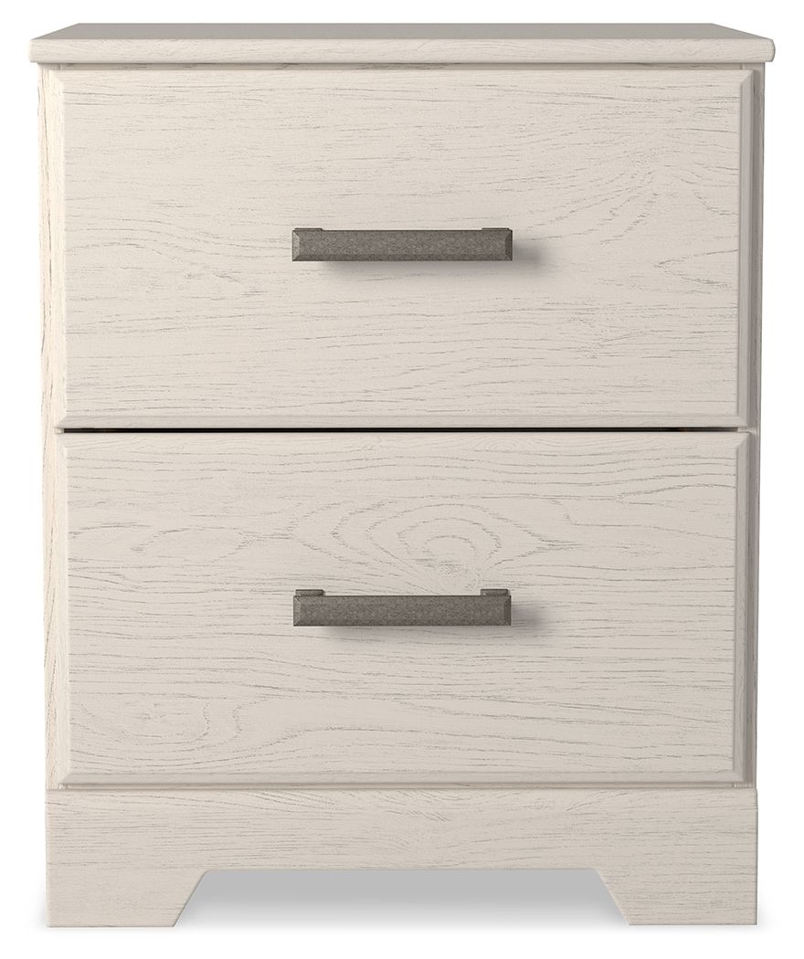 White two-drawer night stand front view with two dark bar handles