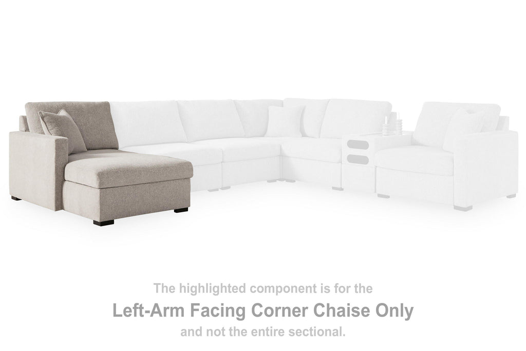 Left-arm facing corner chaise section, gray upholstery, boxy arm and back cushions, legs