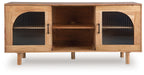 Natural brown accent cabinet with two arched doors and central open shelf