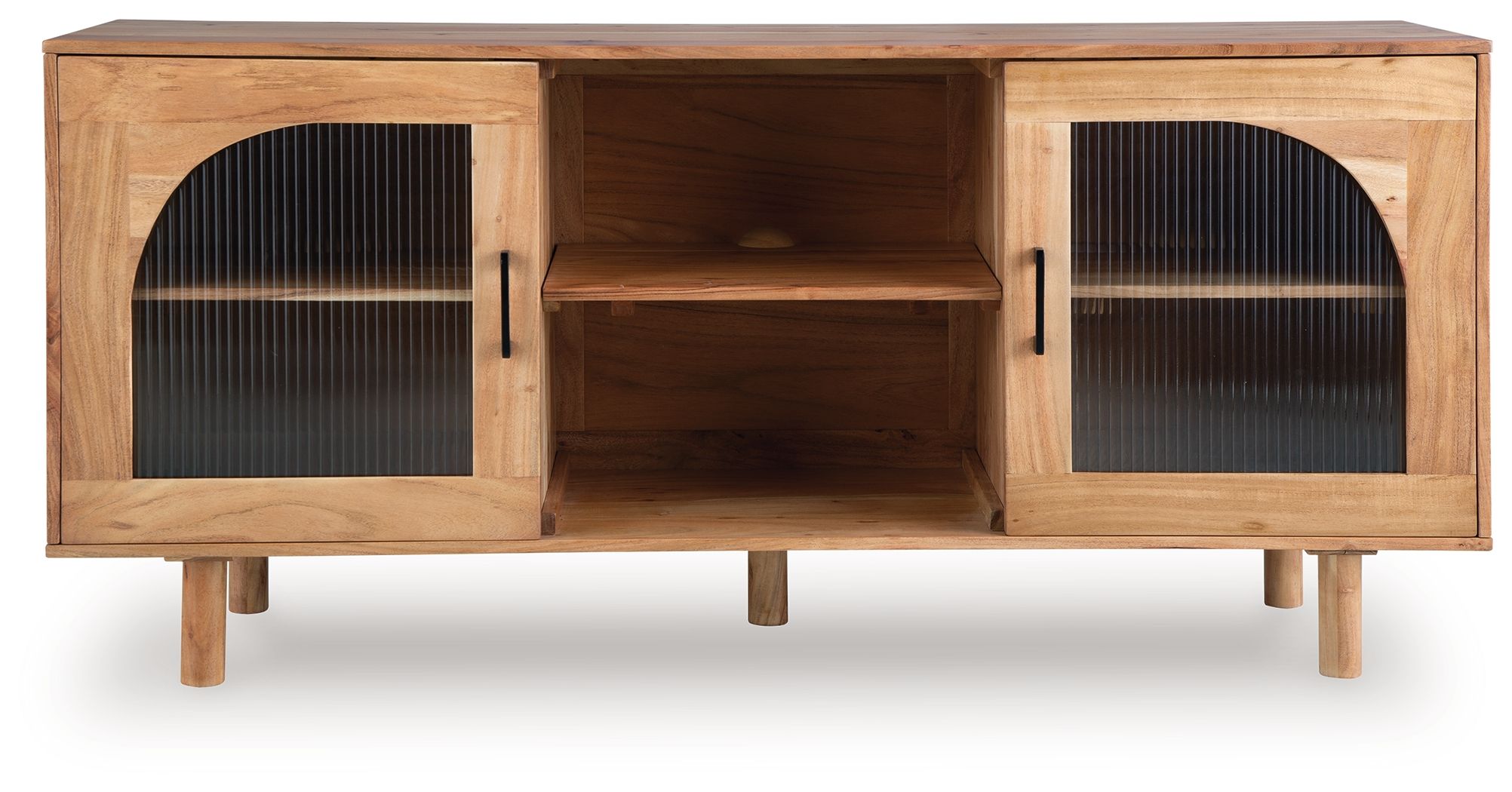 Natural brown accent cabinet with two arched doors and central open shelf
