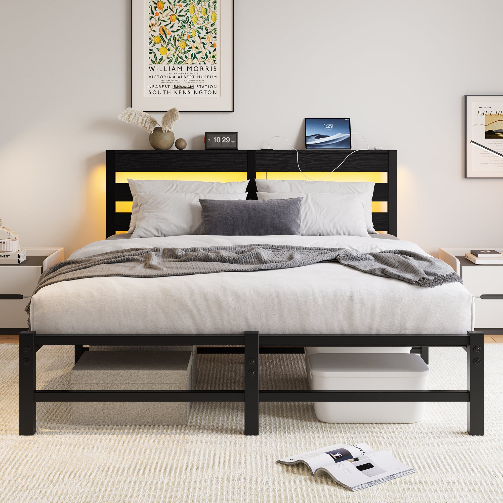 Queen Metal Bed Frame w/RGB Lights, Charger, Storage, No Box Spring