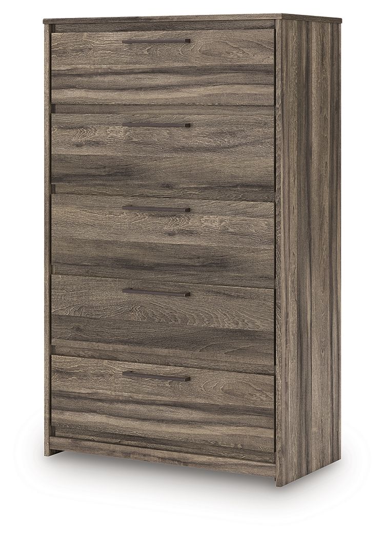 Five-drawer chest, gray-brown wood grain with metal bar pulls on drawer fronts
