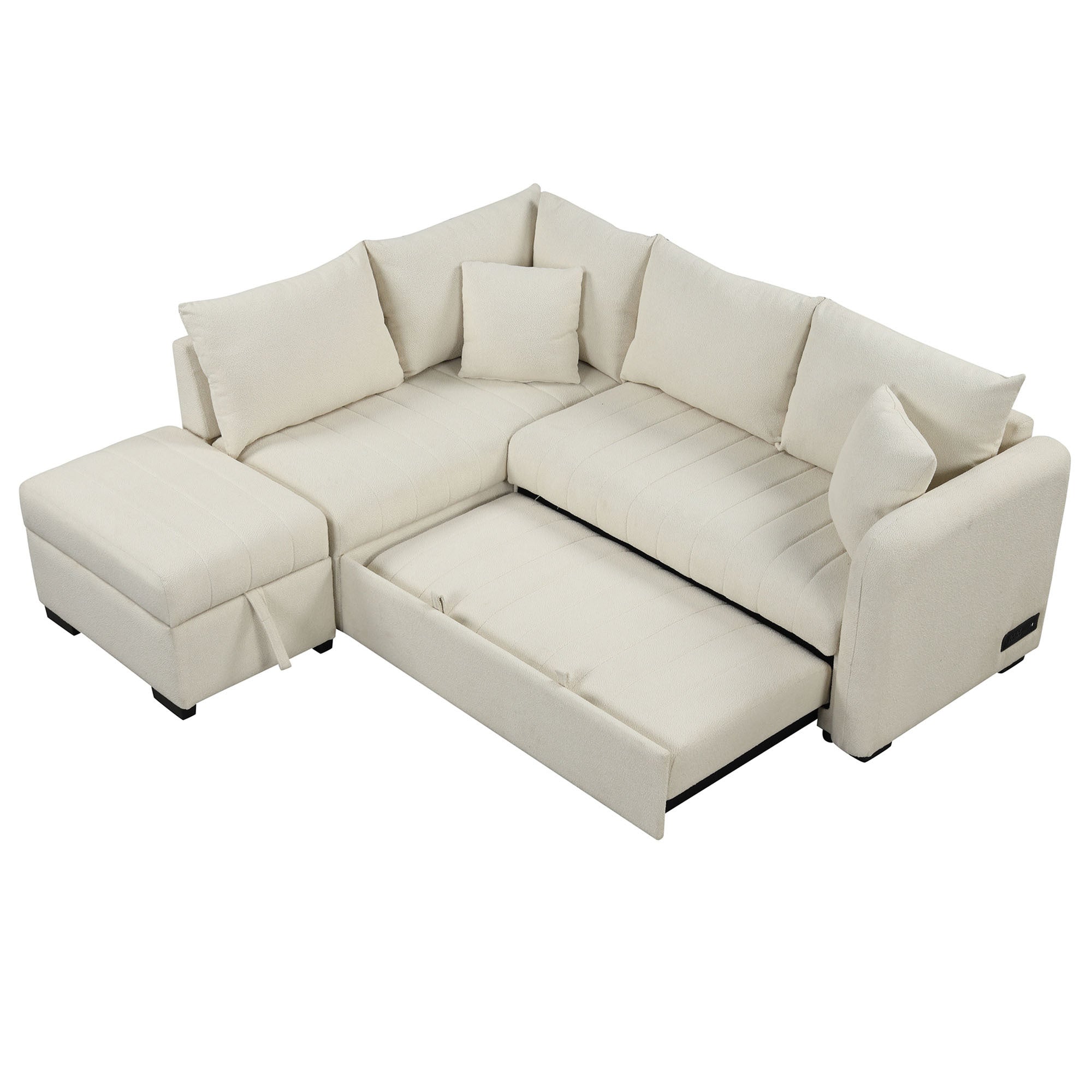 L-Shaped Sectional Sofa Bed w/ Storage Ottoman - Beige