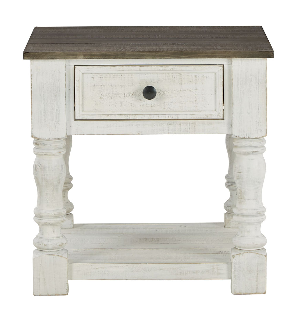 Square end table with single drawer, turned legs, lower shelf, dark gray top