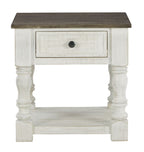Square end table with single drawer, turned legs, lower shelf, dark gray top