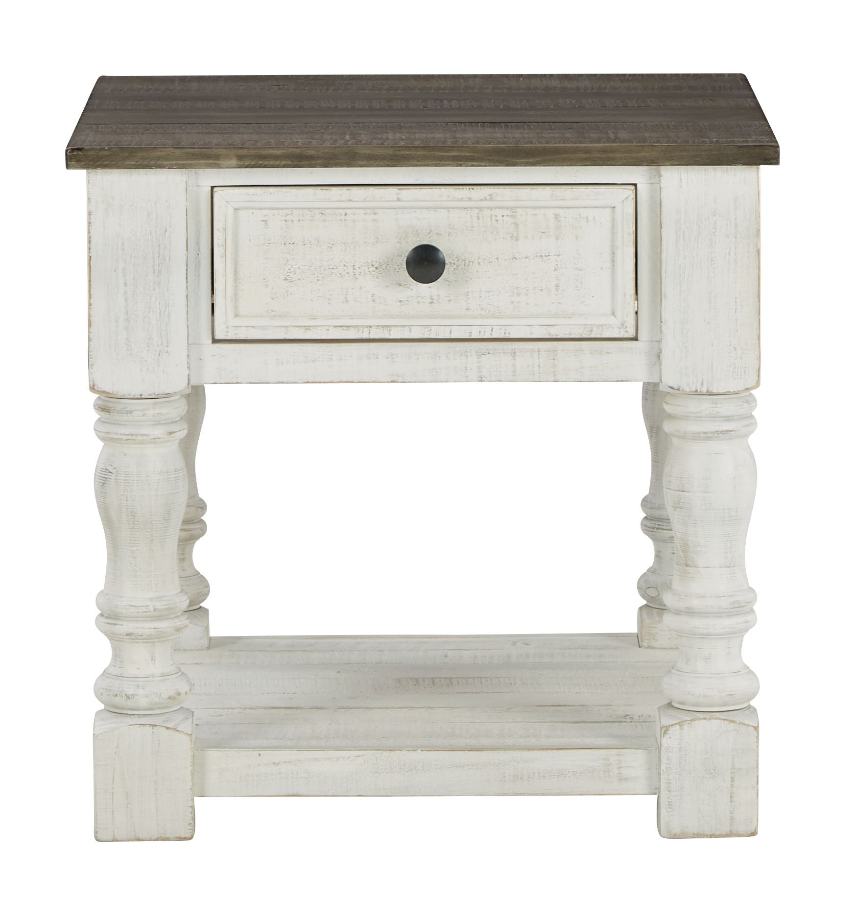 Square end table with single drawer, turned legs, lower shelf, dark gray top