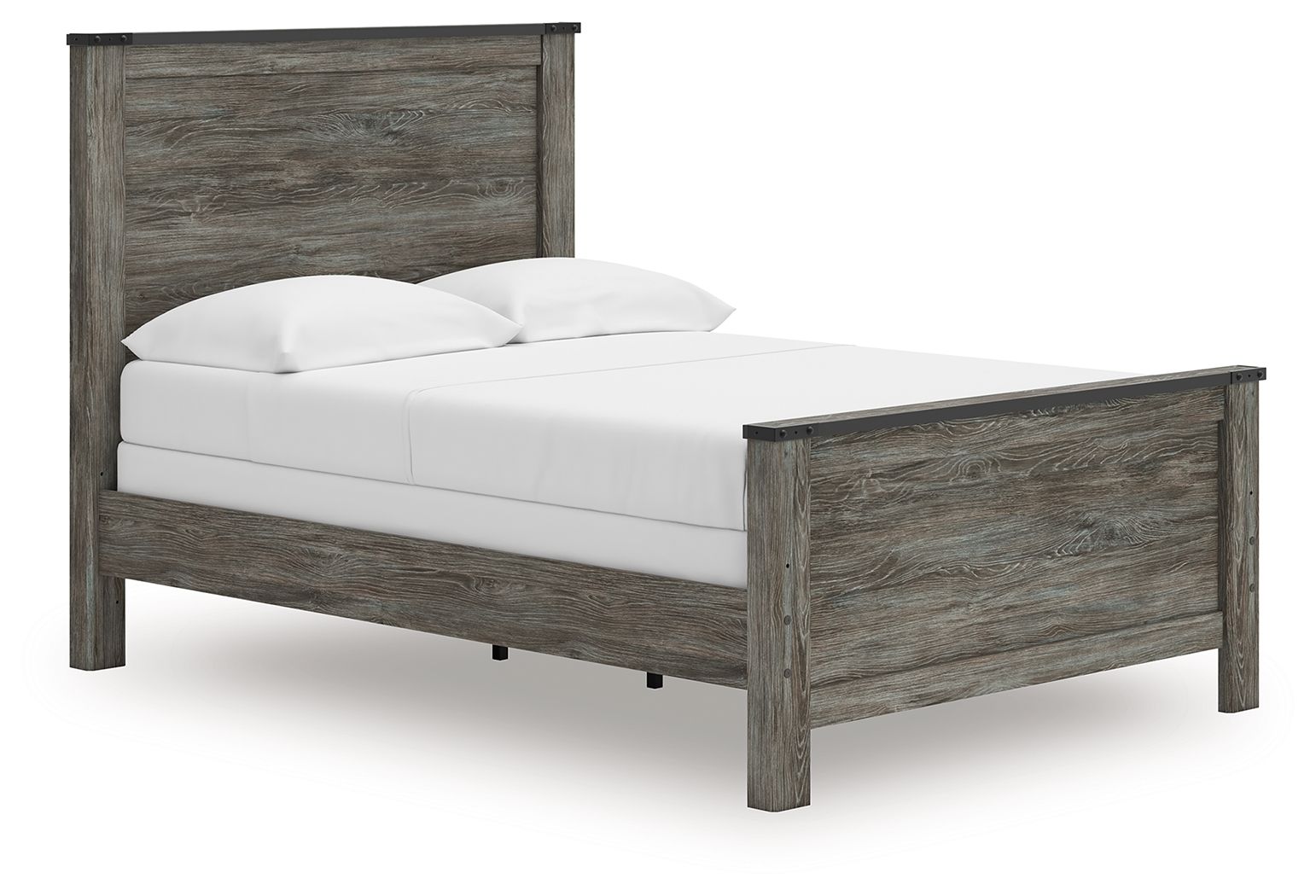 Gray panel bed with white mattress and two pillows
