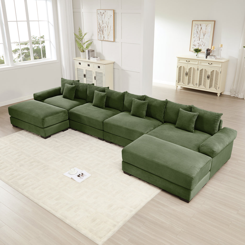 Green corduroy sectional sofa with multiple cushions and chaise corner