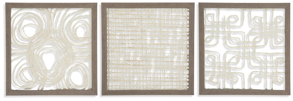 Set of three framed abstract wall art squares in cream with taupe-toned frames.