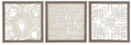Set of three framed abstract wall art squares in cream with taupe-toned frames.
