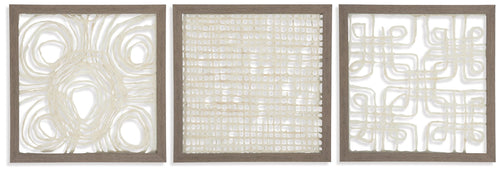Set of three framed abstract wall art squares in cream with taupe-toned frames.