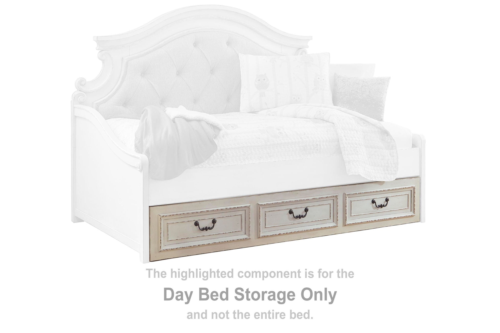 Chipped white day bed drawer storage with two front drawers and curved pulls