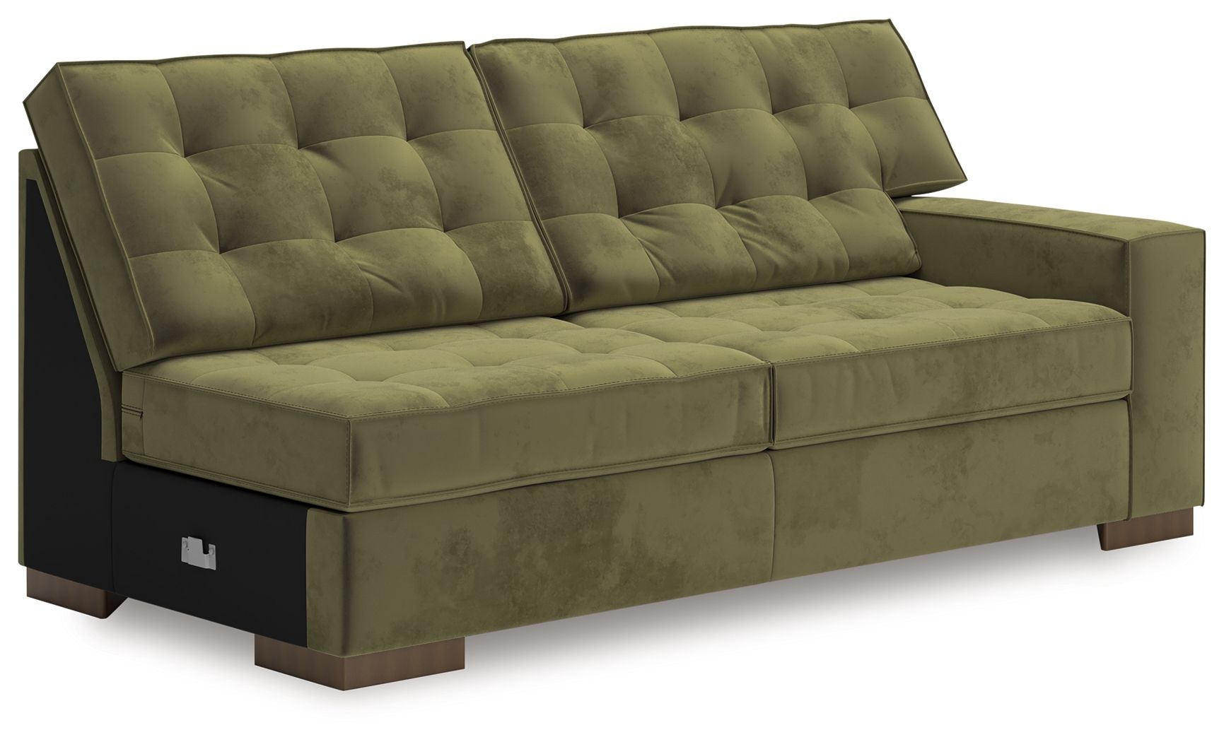 Olive green RAF sofa with tufted back cushions and padded seat, track arms