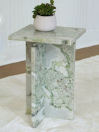 Marble-look accent table with square top, leg sides and green veining