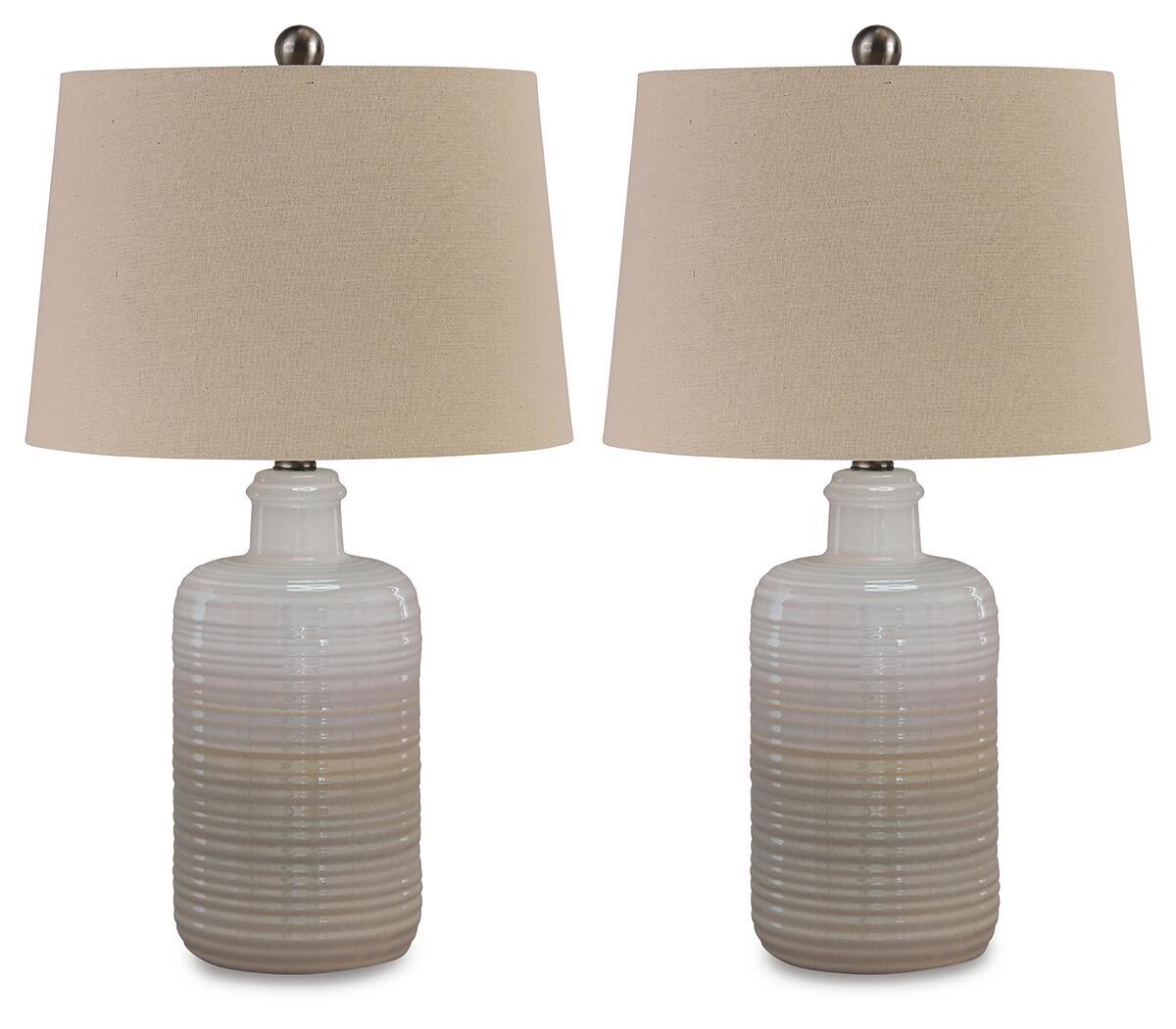 Set of 2 table lamps with light brown fabric shades and ribbed clear glass bases