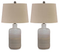 Set of 2 table lamps with light brown fabric shades and ribbed clear glass bases
