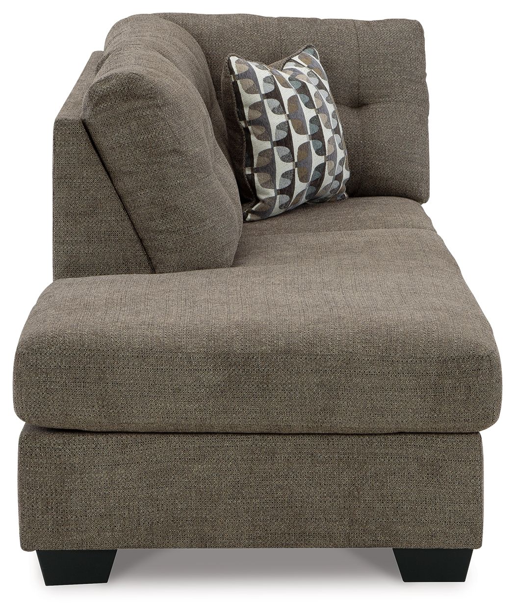 Corner chaise end seat with brown upholstery and patterned pillow
