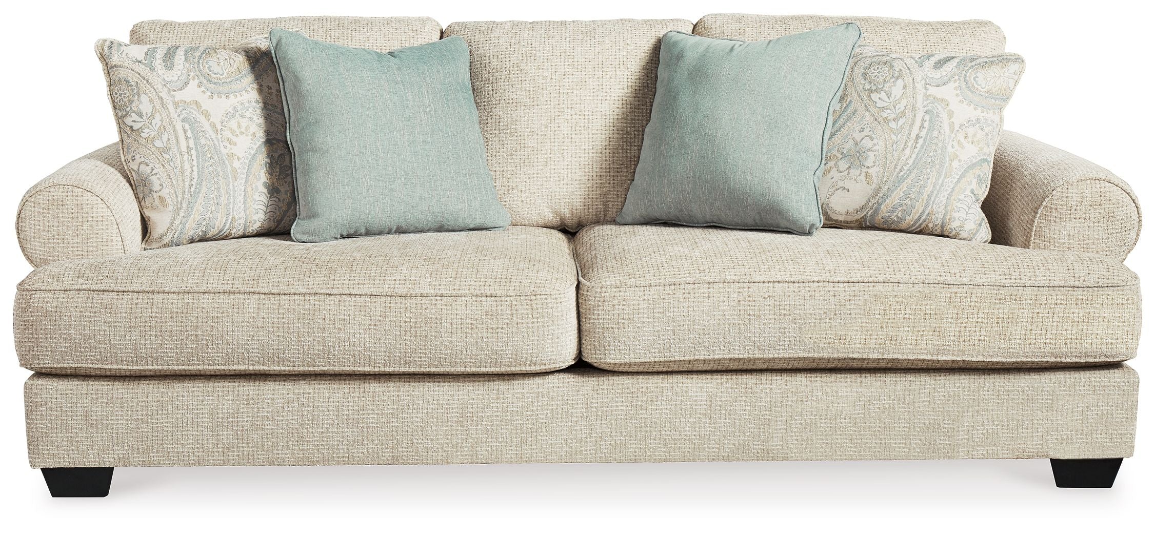 Beige fabric sofa with two seat cushions and blue accent pillows, wide arms and legs