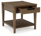 Brown rectangular end table with drawer slightly open and lower shelf