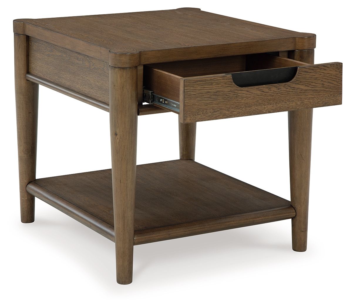 Brown rectangular end table with drawer slightly open and lower shelf