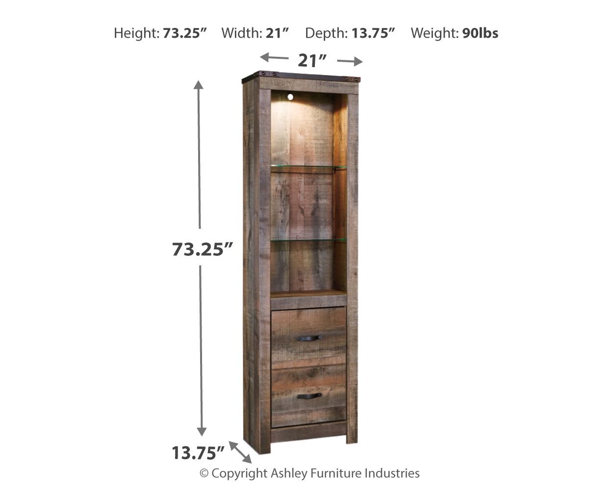 Brown wood cabinet with glass door, two drawers, and top light