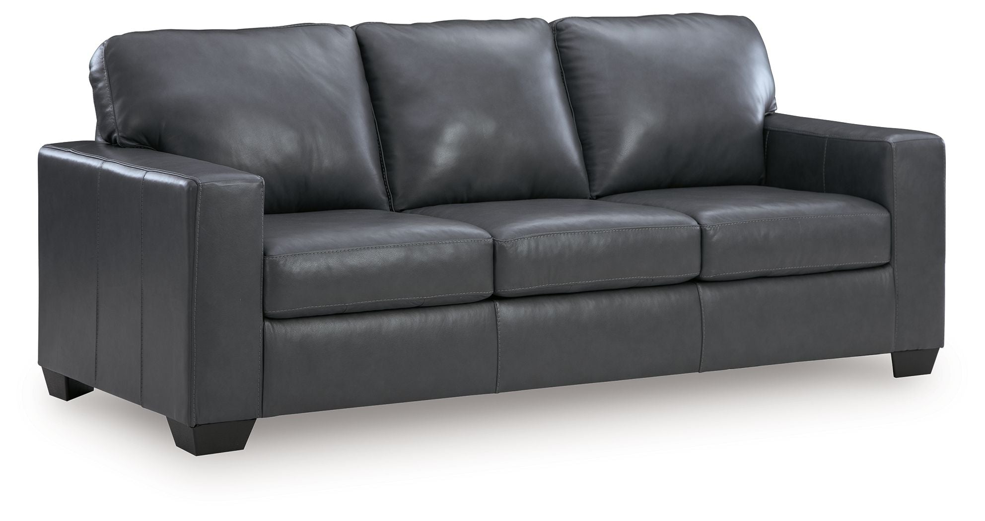 Dark gray leather sofa with three seat cushions and boxy padded arms