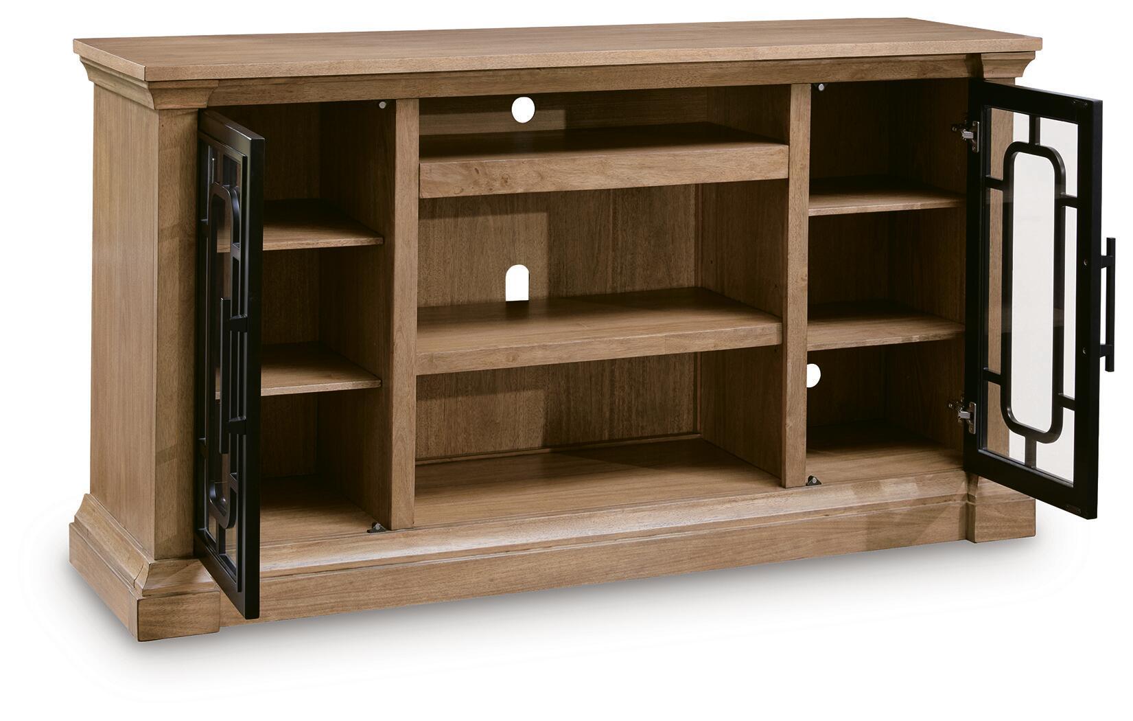 Light brown TV stand with open shelves and two side glass doors swung open.