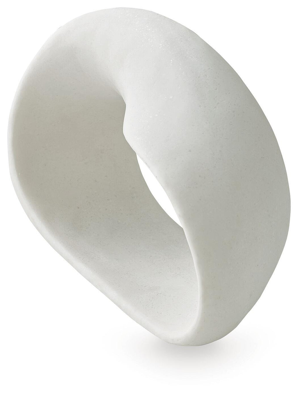 White abstract sculpture, side view with oval center hole and rounded edges.