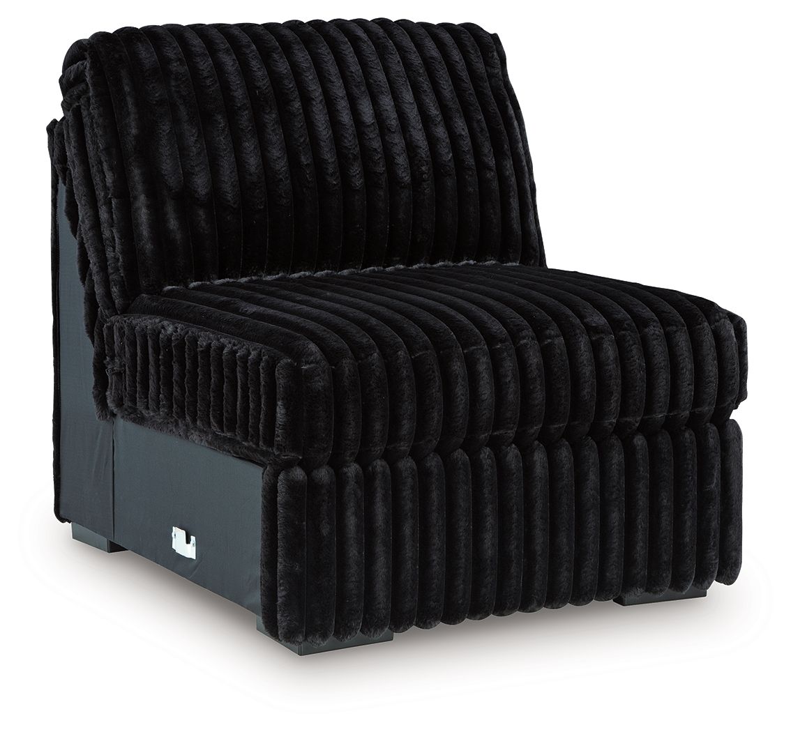 Armless chair with ribbed black upholstery and square arms, solid block base
