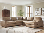 Sectional sofa in taupe fabric with square arms and cushioned back and seat sections