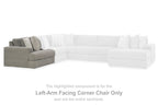 Gray corner chair section with fabric arm, back cushions, and light patterned pillows
