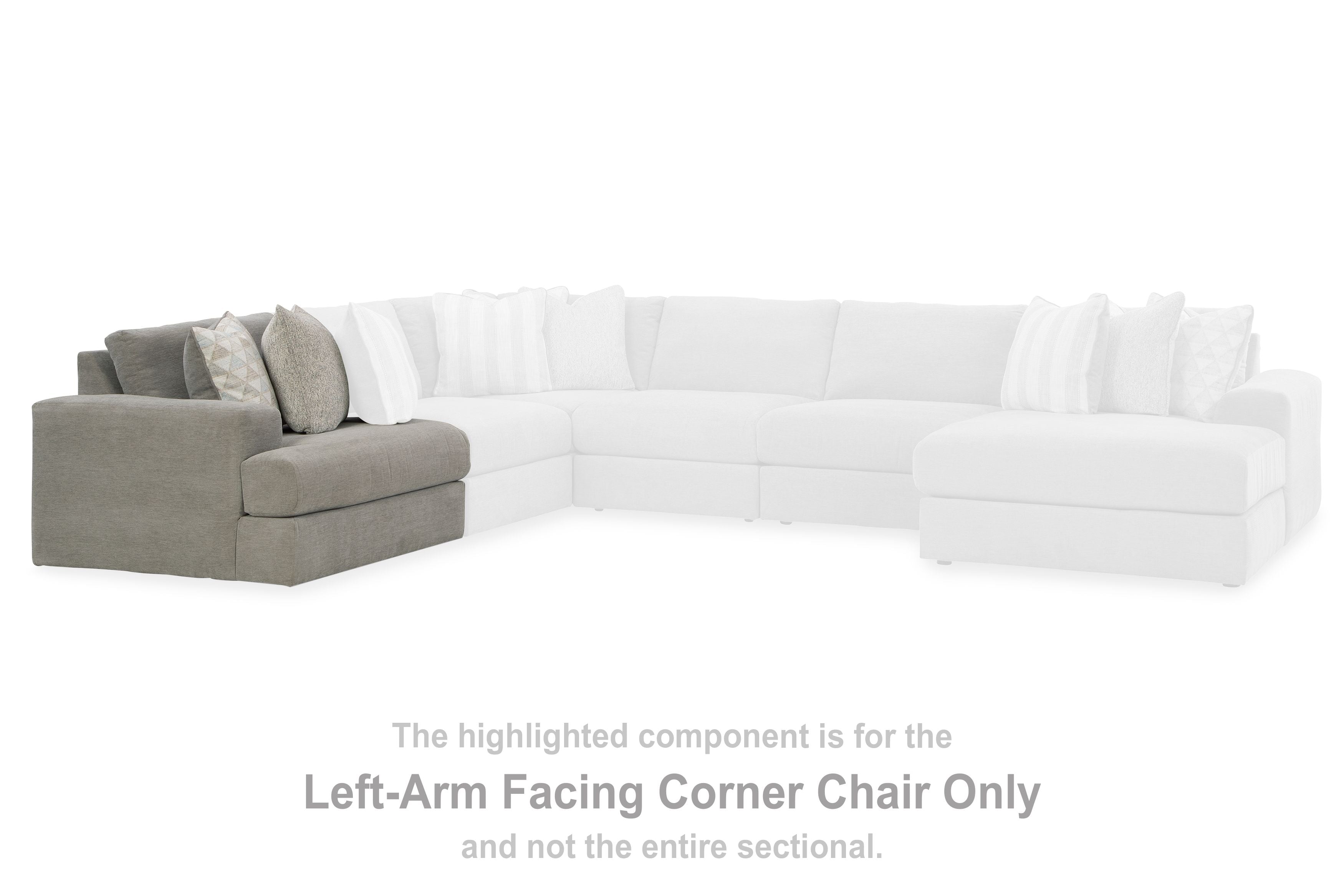 Gray corner chair section with fabric arm, back cushions, and light patterned pillows