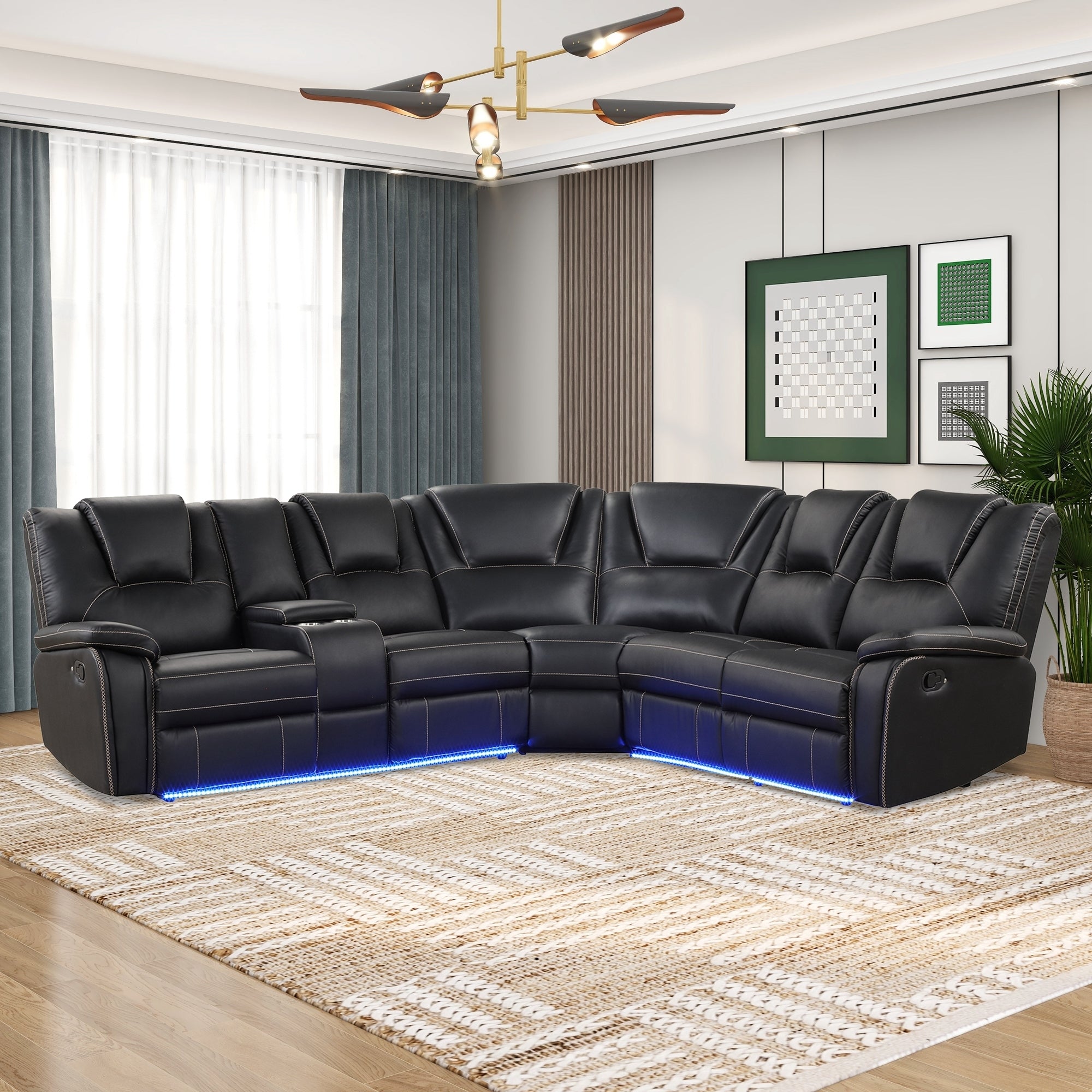 Modern Faux Leather Reclining Sofa with LED Console - Symmetrical Design, 2 Cup Holders, Storage - Black | Living Room Furniture Set