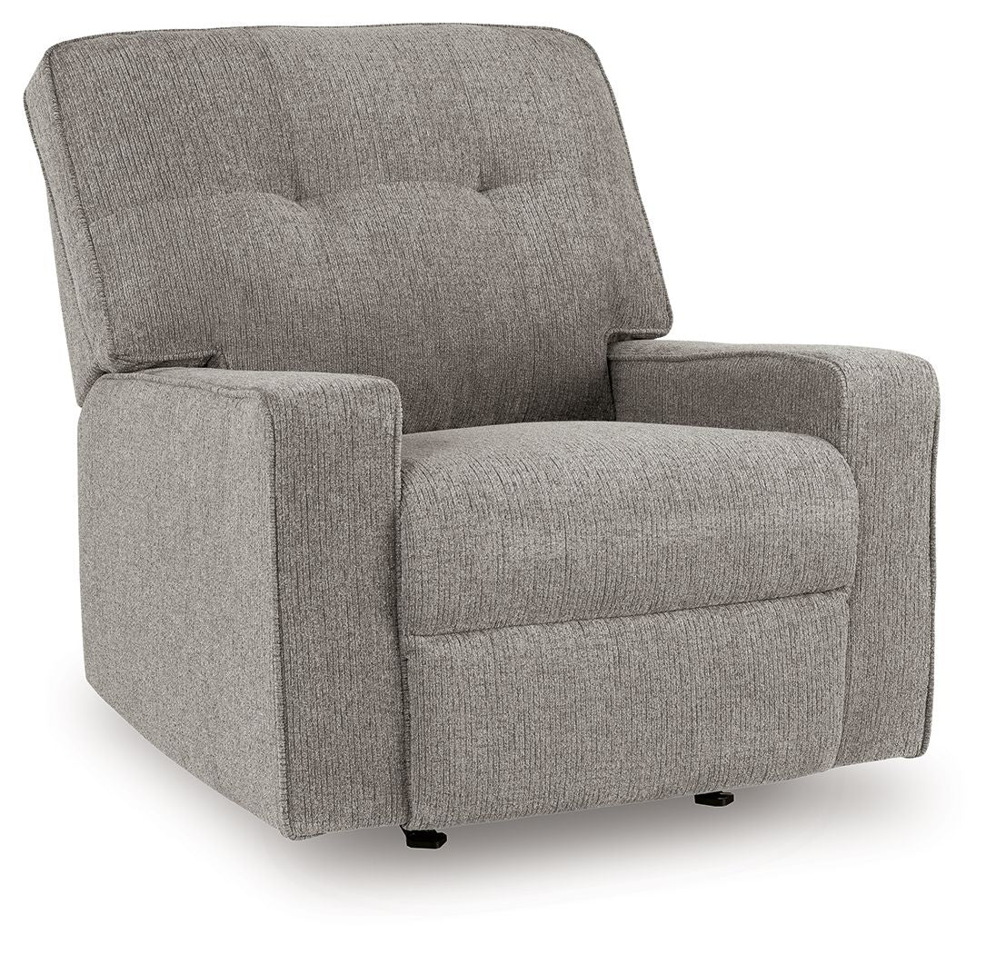 Iron fabric rocker recliner with tufted back and cushioned seat, front-right view
