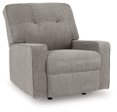 Iron fabric rocker recliner with tufted back and cushioned seat, front-right view