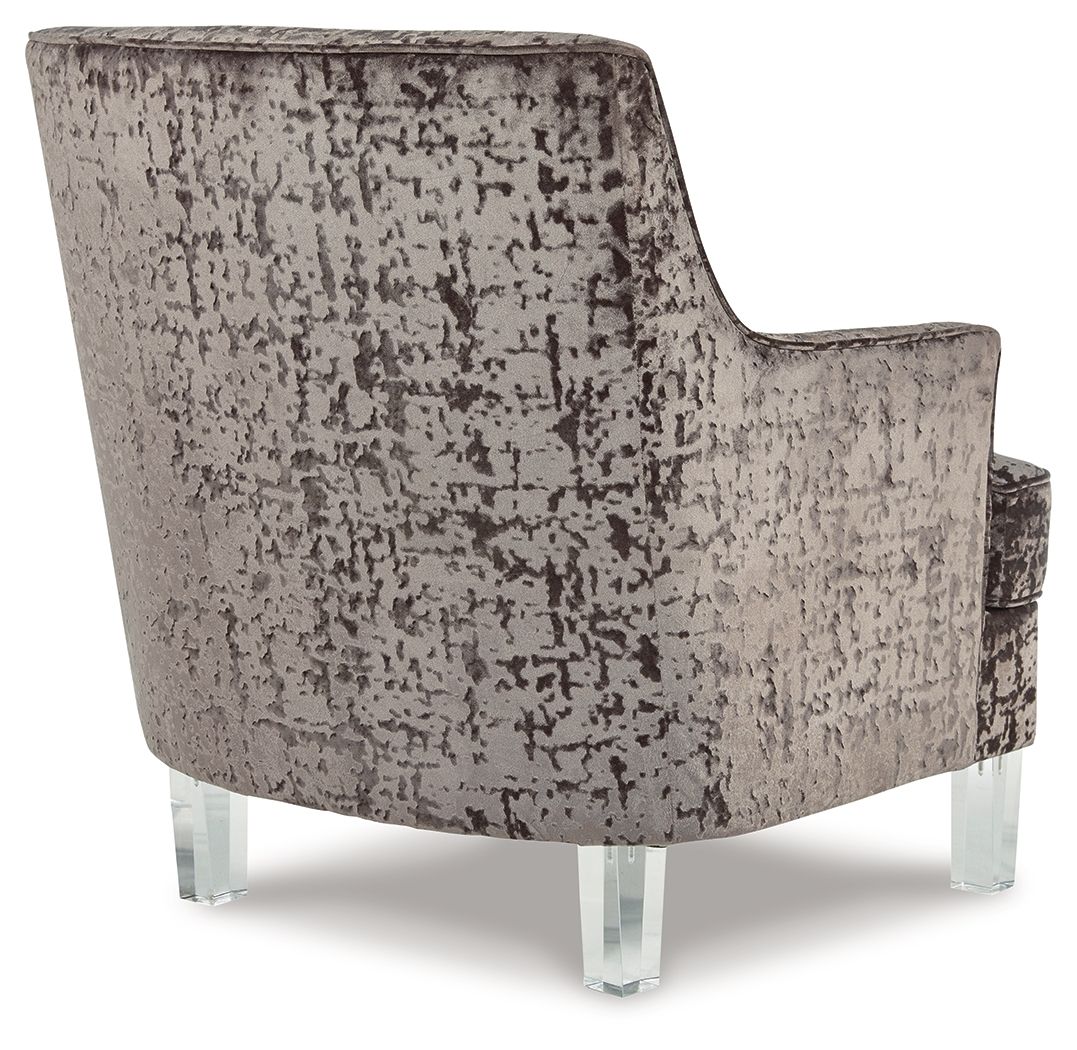 Charcoal accent chair front view, distressed upholstery, curved wing back, clear legs