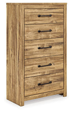Brown five-drawer chest with black metal bar pulls, wooden plank front